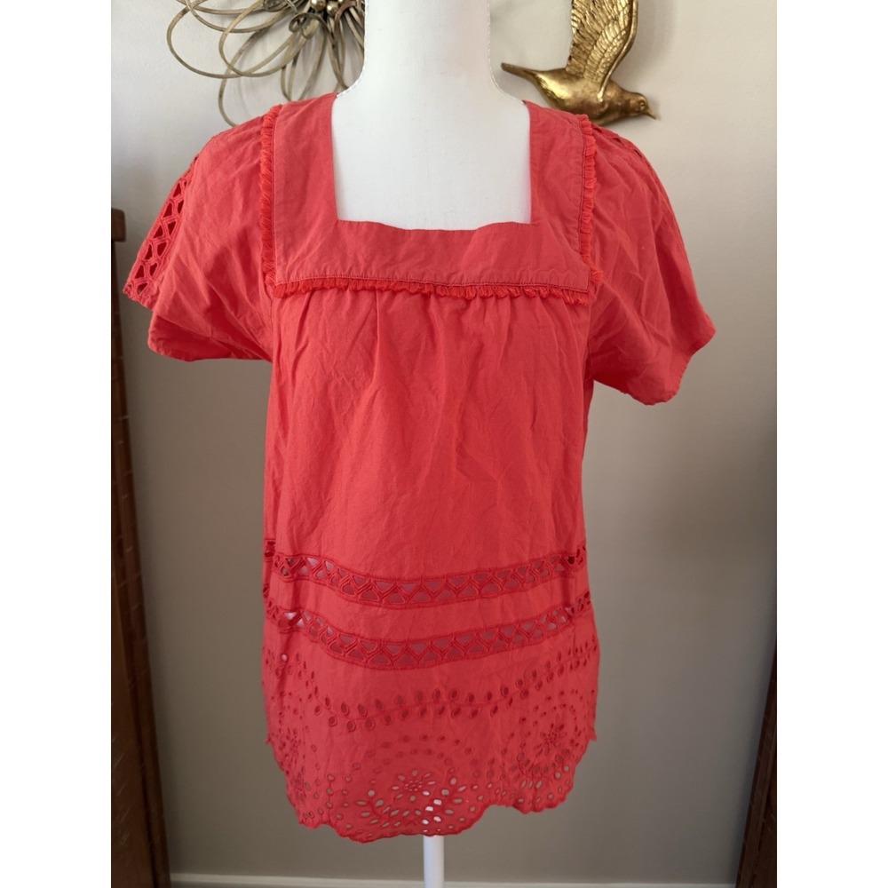 Madewell XS Coral Eyelet Blouse Square Neck Cotton Embroidered Top Orange